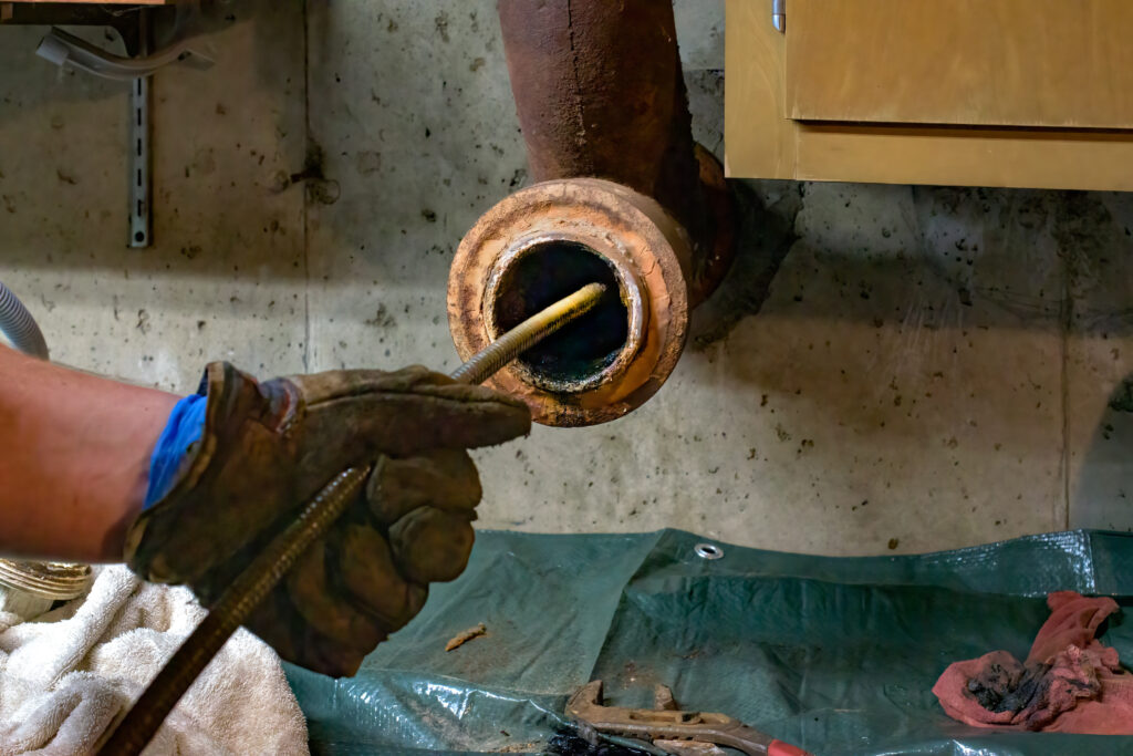 Hands of a plumber as he runs a camera scope and cleaning machine through the main pipe to unclog the drain to the Septic System. Hard-working tradesman.