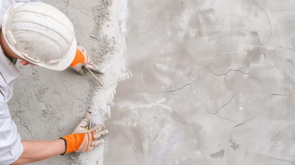 Detailed photograph of a technician closely inspecting a newly repaired foundation for cracks and leaks, using specialized tools